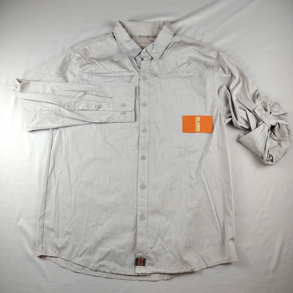 Reel Legends Button Down Shirt Mens L Gray Long Sleeve Vented Fishing Shirt NWT